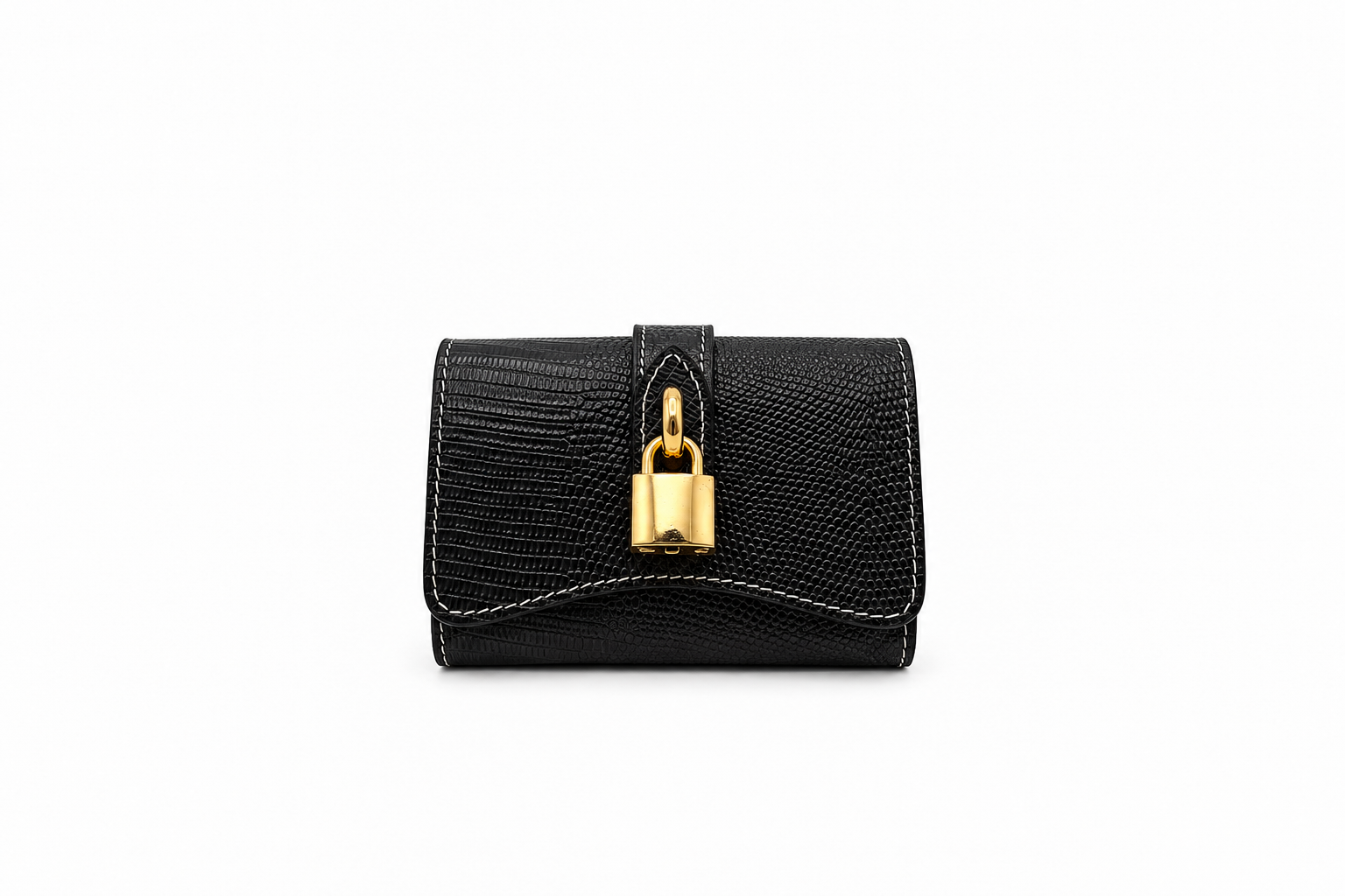 Portafoglio “Tamara” in pelle di vitello stampa rettile con lucchetto color oro – Made in Italy